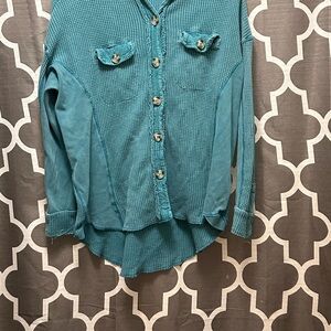 Buckle Teal Button-Up Women's Top